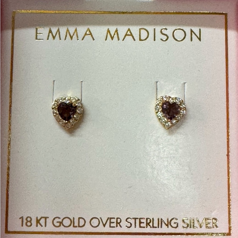AMETHYST AND ZIRCONIA 18K GOLD OVER STERLING SILVER HEART EARRINGS